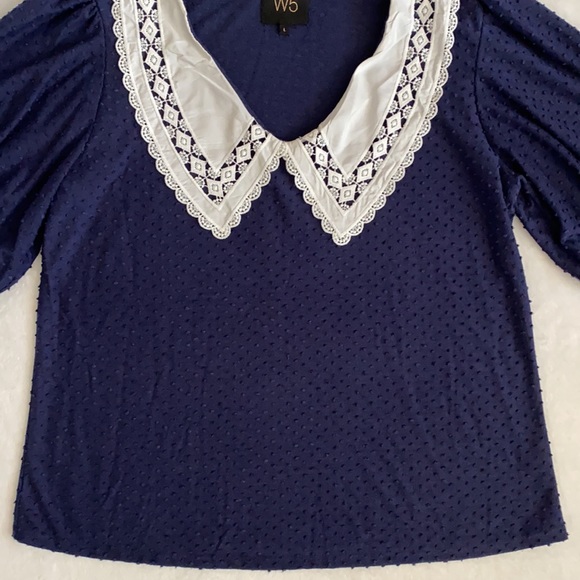W5 | Pointed Scallop Bib Collar Swiss Dot Short Sleeve Blouse Top Blue/White (L) - Picture 6 of 14